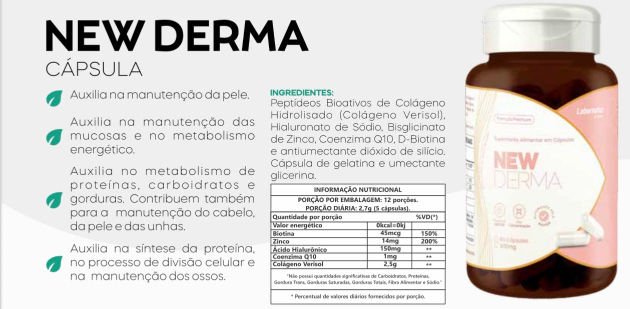 New Derma Colágeno Verisol + Acido Hilaurônico + Q10 60caps Sabor Sem Sabor
